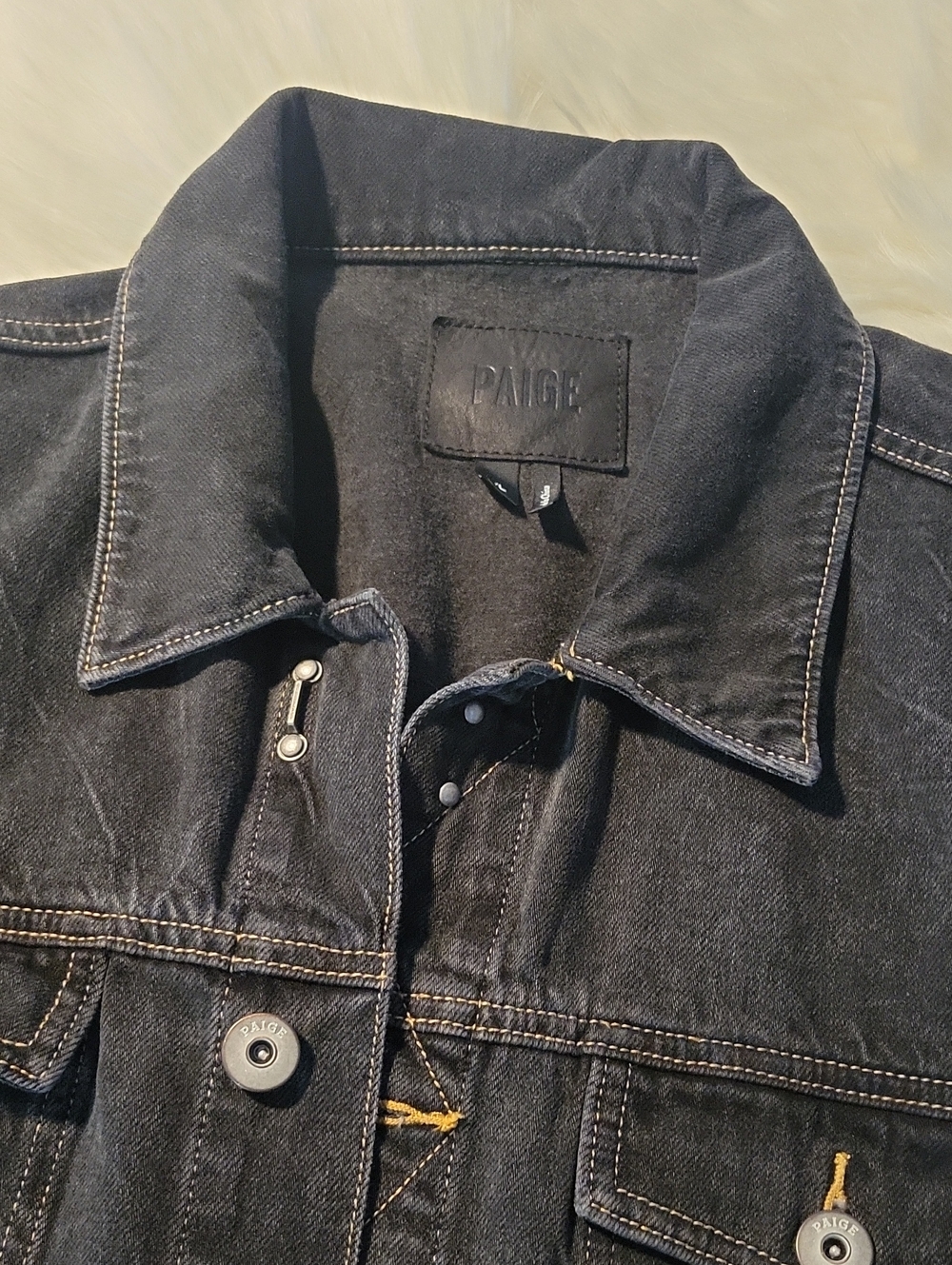 PAIGE Men's Washed Black Denim Jacket with Contrast Stitching EUC